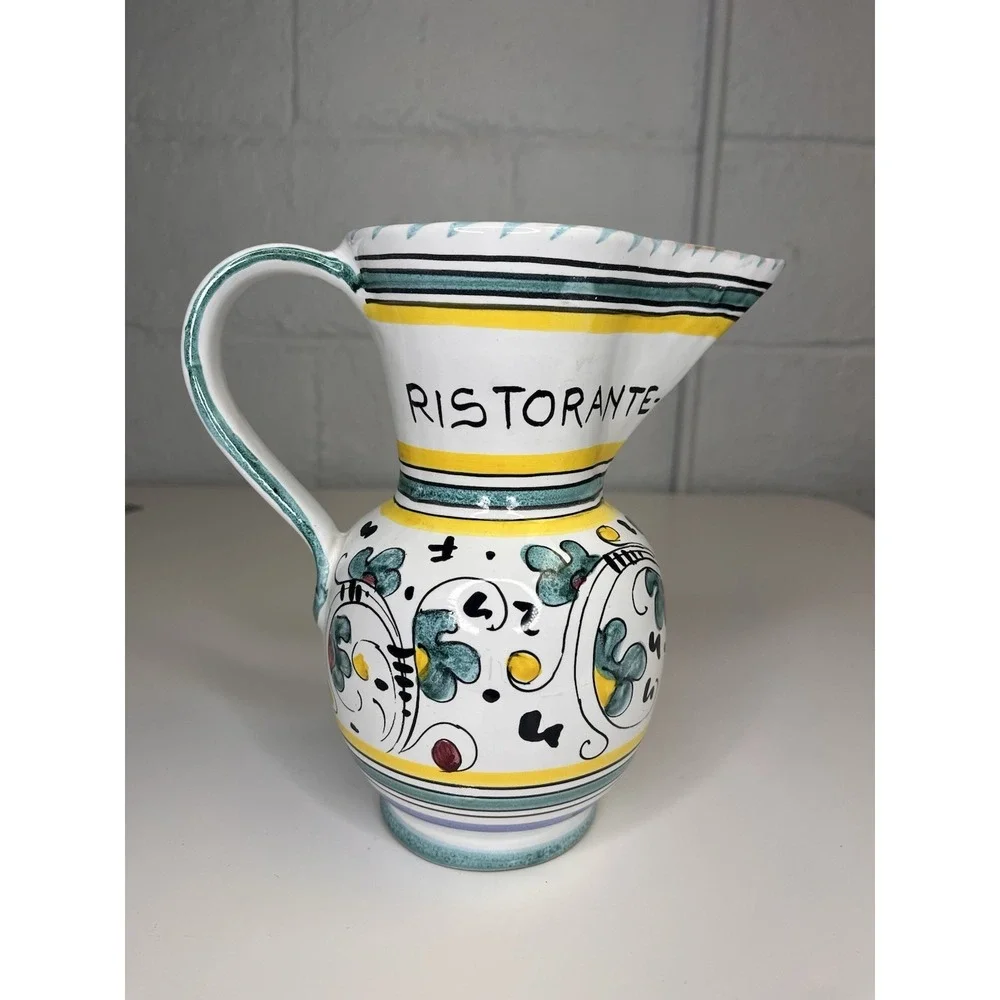 Deruta Pitcher Black Rooster Floral Jug Ristorante Gallo Nero Green Yellow Italy